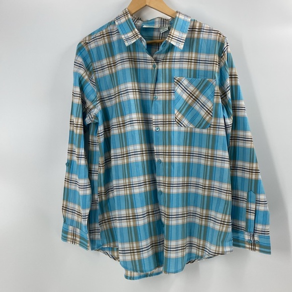 Collections etc cotton blend button down turquoise tan plaid shirt - Picture 4 of 10